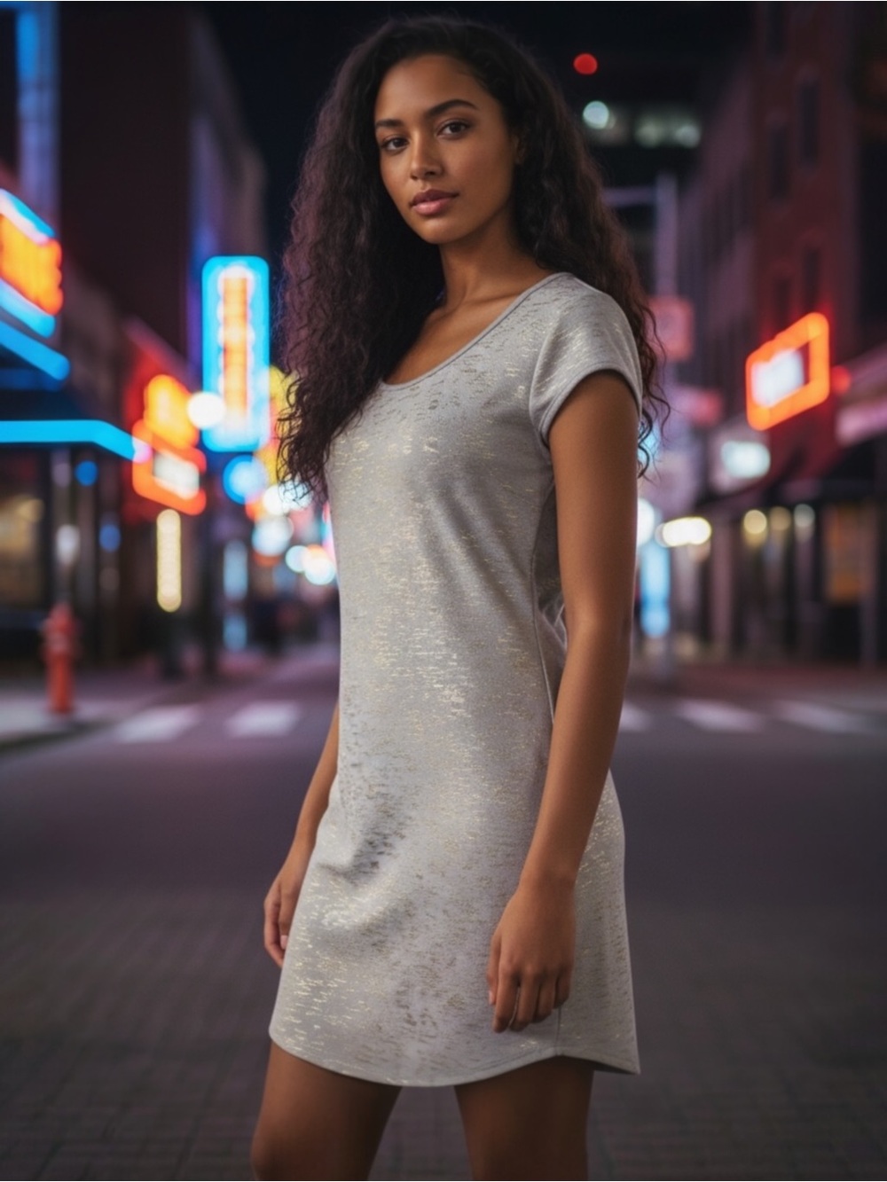 Espresso Light Gray Short Sleeve Mini Dress with Gold Metallic Pattern Size Med